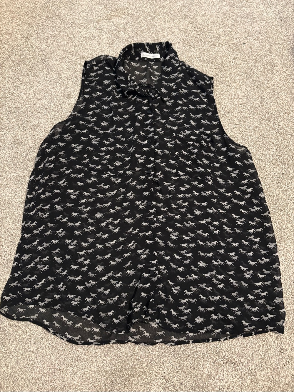Ambiance Apparel Black Sheer Sleeveless Blouse with White Horse Print